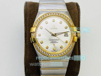 OE Factory Replica Omega Constellation Yellow Gold Diamond Bezel White Diamond Marks Dial Watch